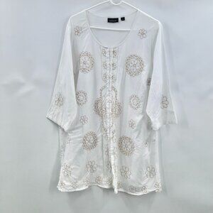 Vintage Boho Women's 22/24 White Cotton Gauze Tunic Shirt Beaded Gold Embroidery